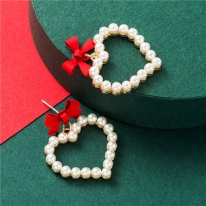 Bowknot Pearl Heart Design Korean Fashion Women Stud Earrings - Red