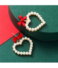 Bowknot Pearl Heart Design Korean Fashion Women Stud Earrings - Red