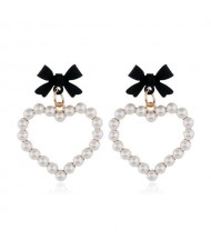 Bowknot Pearl Heart Design Korean Fashion Women Stud Earrings - Black
