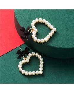 Bowknot Pearl Heart Design Korean Fashion Women Stud Earrings - Black