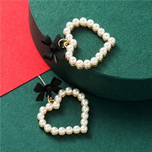 Bowknot Pearl Heart Design Korean Fashion Women Stud Earrings - Black