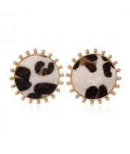 Leopard Prints Round Design High Fashion Women Stud Earrings - Khaki