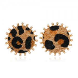 Leopard Prints Round Design High Fashion Women Stud Earrings - Brown