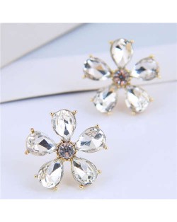 Luxurious Design Rhinestone Flower Korean Fashion Women Stud Earrings - White