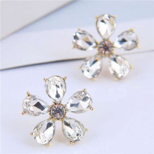 Luxurious Design Rhinestone Flower Korean Fashion Women Stud Earrings - White