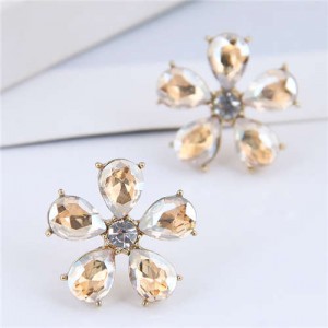 Luxurious Design Rhinestone Flower Korean Fashion Women Stud Earrings - Champagne