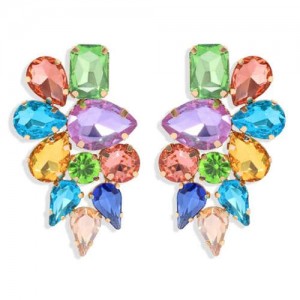 High Calibra Rhinestone Flower Cluster Design Women Fashion Stud Earrings - Multicolor