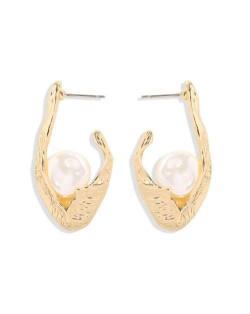 Pearl Inlaid Korean Fashion Alloy Hook Design Women Stud Earrings - Golden