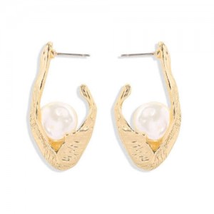 Pearl Inlaid Korean Fashion Alloy Hook Design Women Stud Earrings - Golden