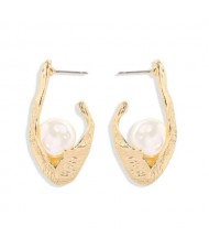Pearl Inlaid Korean Fashion Alloy Hook Design Women Stud Earrings - Golden