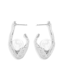 Pearl Inlaid Korean Fashion Alloy Hook Design Women Stud Earrings - Silver