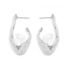 Pearl Inlaid Korean Fashion Alloy Hook Design Women Stud Earrings - Silver
