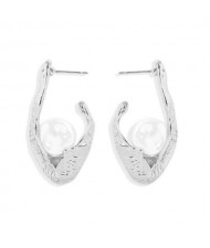 Pearl Inlaid Korean Fashion Alloy Hook Design Women Stud Earrings - Silver