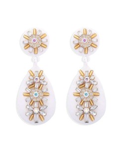 Rhinestone and Beads Embellished Bohemian Style Waterdrop Women Earrings - White