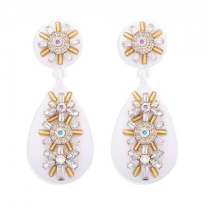 Rhinestone and Beads Embellished Bohemian Style Waterdrop Women Earrings - White