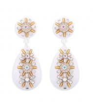Rhinestone and Beads Embellished Bohemian Style Waterdrop Women Earrings - White