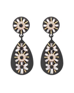 Rhinestone and Beads Embellished Bohemian Style Waterdrop Women Earrings - Black