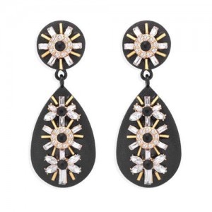 Rhinestone and Beads Embellished Bohemian Style Waterdrop Women Earrings - Black