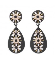 Rhinestone and Beads Embellished Bohemian Style Waterdrop Women Earrings - Black