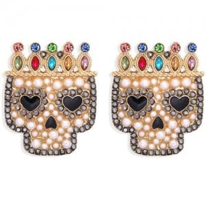 Skull Wearing Crown Design Halloween High Fashion Women Earrings
