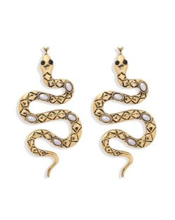 Vintage Gem Inlaid Snake Design Bold Fashion Women Costume Earrings - Golden