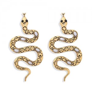 Vintage Gem Inlaid Snake Design Bold Fashion Women Costume Earrings - Golden