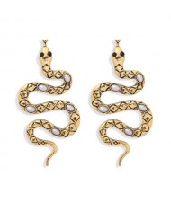 Vintage Gem Inlaid Snake Design Bold Fashion Women Costume Earrings - Golden