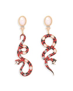 Rhinestone Embellished Enamel Snake High Fashion Women Earrings - Red
