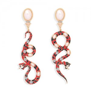 Rhinestone Embellished Enamel Snake High Fashion Women Earrings - Red