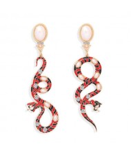 Rhinestone Embellished Enamel Snake High Fashion Women Earrings - Red