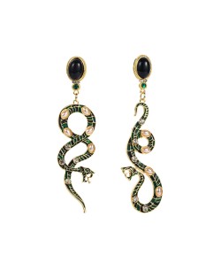 Rhinestone Embellished Enamel Snake High Fashion Women Earrings - Black and White