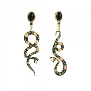 Rhinestone Embellished Enamel Snake High Fashion Women Earrings - Black and White
