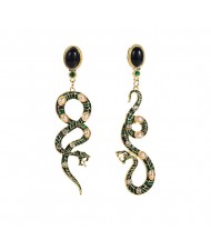 Rhinestone Embellished Enamel Snake High Fashion Women Earrings - Black and White