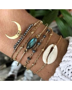 High Fashion Seashell Gem and Beads 6 pcs Golden Women Bracelets Combo