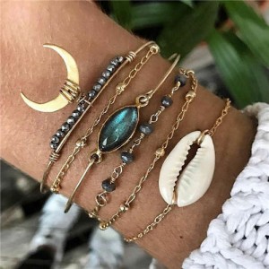 High Fashion Seashell Gem and Beads 6 pcs Golden Women Bracelets Combo