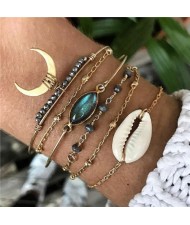 High Fashion Seashell Gem and Beads 6 pcs Golden Women Bracelets Combo