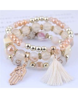 Palm and Cotton Threads Tassel Pendants Decorated Triple Layers Women Fashion Bracelet - White