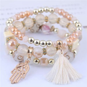 Palm and Cotton Threads Tassel Pendants Decorated Triple Layers Women Fashion Bracelet - White