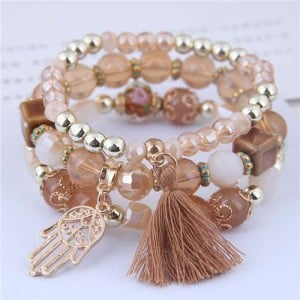 Palm and Cotton Threads Tassel Pendants Decorated Triple Layers Women Fashion Bracelet - Brown