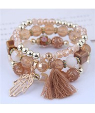 Palm and Cotton Threads Tassel Pendants Decorated Triple Layers Women Fashion Bracelet - Brown
