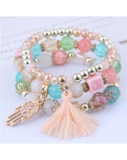 Palm and Cotton Threads Tassel Pendants Decorated Triple Layers Women Fashion Bracelet - Multicolor