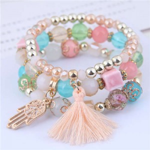 Palm and Cotton Threads Tassel Pendants Decorated Triple Layers Women Fashion Bracelet - Multicolor