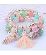 Palm and Cotton Threads Tassel Pendants Decorated Triple Layers Women Fashion Bracelet - Multicolor