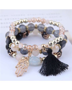 Palm and Cotton Threads Tassel Pendants Decorated Triple Layers Women Fashion Bracelet - Black