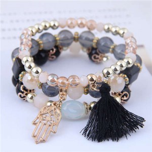 Palm and Cotton Threads Tassel Pendants Decorated Triple Layers Women Fashion Bracelet - Black