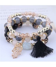 Palm and Cotton Threads Tassel Pendants Decorated Triple Layers Women Fashion Bracelet - Black