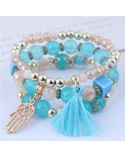 Palm and Cotton Threads Tassel Pendants Decorated Triple Layers Women Fashion Bracelet - Blue