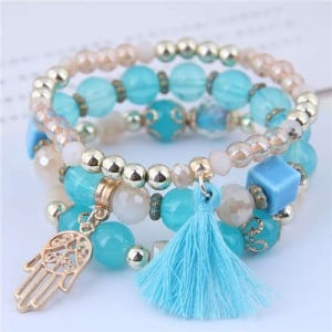 Palm and Cotton Threads Tassel Pendants Decorated Triple Layers Women Fashion Bracelet - Blue