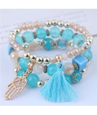 Palm and Cotton Threads Tassel Pendants Decorated Triple Layers Women Fashion Bracelet - Blue