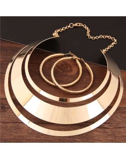 Bold Punk Fashion Women Alloy Bib Necklace and Earrings Set - Golden